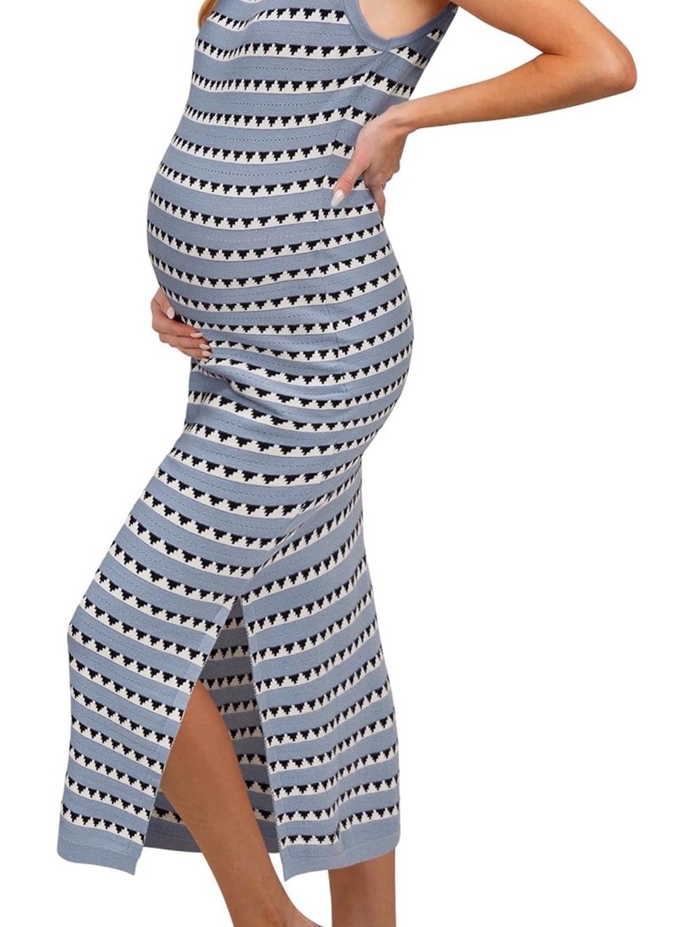 Striped Light Blue Maternity Knit Midi Dress